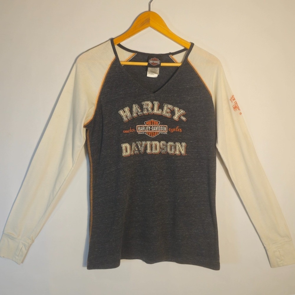 Harley-Davidson Womens Raglan Long Sleeve Baseball T-Shirt Grey Cream Graphic XL